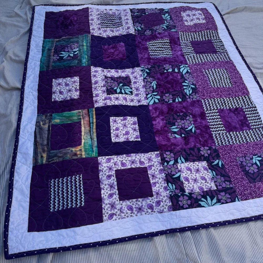 Handmade Patchwork Quilt 35x41 Purple Floral Minky Fleece Tie Dye Boho Baby